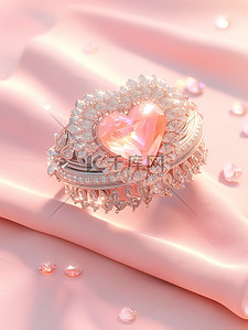 粉色心形心形插画图片_粉红色天鹅绒背景钻石的心形戒指6