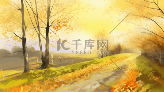 橙色秋季插画图片_橙色秋季落满树叶的乡间小路插画8