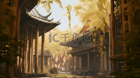 中国古建筑风插画图片_橙色竹林中的中国古建筑风景插画17
