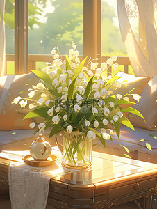 白色的花瓶插画图片_茶几花瓶里的铃兰花白色清新插花7