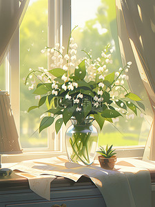 白色的花瓶插画图片_茶几花瓶里的铃兰花白色清新插花2