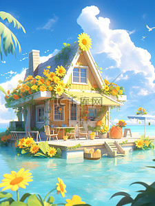 可爱的小花朵插画图片_海边可爱的小房子度假出游1