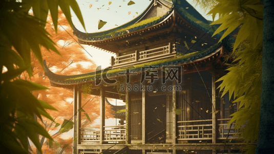 橙色竹林中的中国古建筑风景插画3