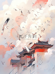 仙鹤白鹭古代传统建筑祥云平面插图2