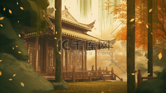竹竹子竹林插画图片_橙色竹林中的中国古建筑风景插画6