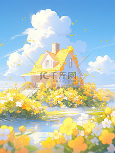 可爱的小花朵插画图片_海边可爱的小房子度假出游5