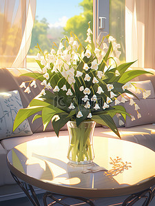 白色的花瓶插画图片_茶几花瓶里的铃兰花白色清新插花5