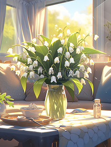 白色的花瓶插画图片_茶几花瓶里的铃兰花白色清新插花3