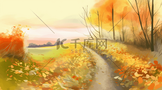 橙色秋季插画图片_橙色秋季落满树叶的乡间小路插画2