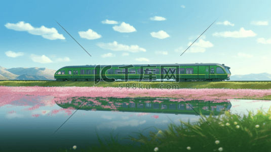绿皮火车插画图片_夏季穿越花海的绿皮火车插画5