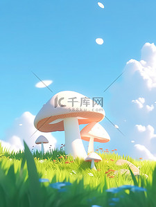 伞插画图片_草原蓝天白云阳光巨大的蘑菇4