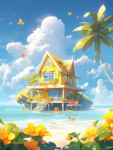可爱的小花朵插画图片_海边可爱的小房子度假出游8