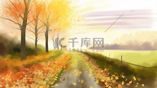 橙色秋季落满树叶的乡间小路插画10