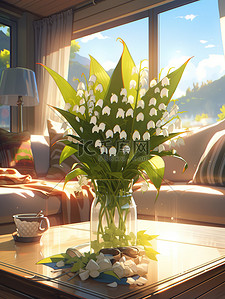白色的花瓶插画图片_茶几花瓶里的铃兰花白色清新插花8