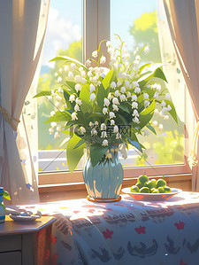 白色窗边插画图片_茶几花瓶里的铃兰花白色清新插花17