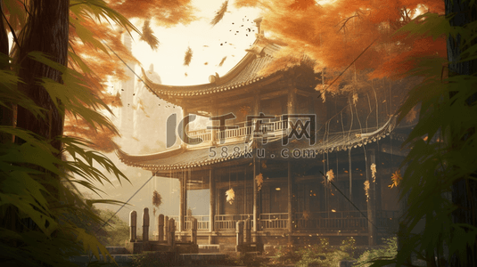 （竹）插画图片_橙色竹林中的中国古建筑风景插画7