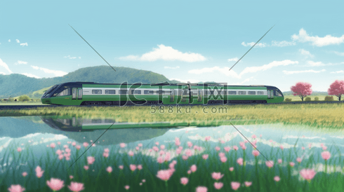 夏季穿越花海的绿皮火车插画4