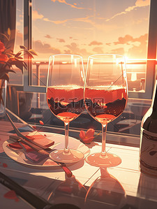 红酒献礼插画图片_浪漫气氛红酒和酒杯16