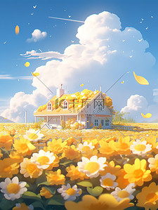 可爱的小花朵插画图片_海边可爱的小房子度假出游2