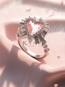 珠宝首饰插画图片_粉红色天鹅绒背景钻石的心形戒指12