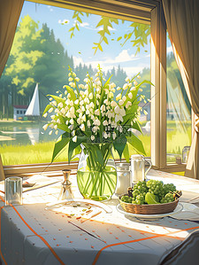 白色的花瓶插画图片_茶几花瓶里的铃兰花白色清新插花18