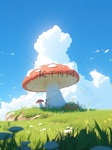 红伞长柄竹伞红插画图片_草原蓝天白云阳光巨大的蘑菇8