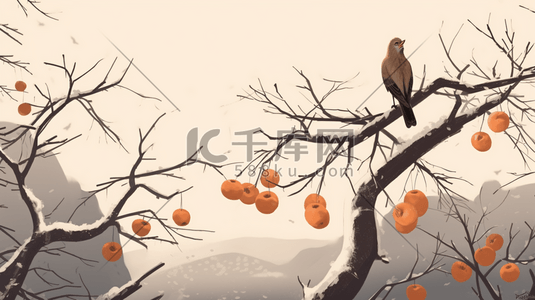 国风灰色插画图片_灰色秋季柿子树上站着的鸟插画3