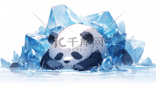 喝解暑药插画图片_可爱的熊猫趴在冰堆中解暑