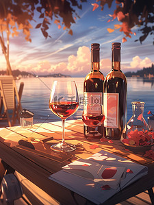 红酒瓶红酒杯插画图片_浪漫气氛红酒和酒杯20