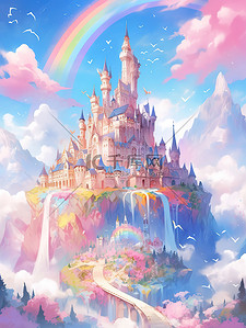 梦幻宏伟城堡云雾缭绕彩虹20