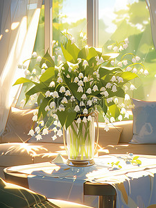 白色的花瓶插画图片_茶几花瓶里的铃兰花白色清新插花6