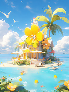 可爱的小花朵插画图片_海边可爱的小房子度假出游17