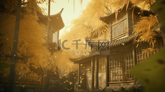 橙色竹林中的中国古建筑风景插画1