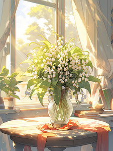 白色的花瓶插画图片_茶几花瓶里的铃兰花白色清新插花20