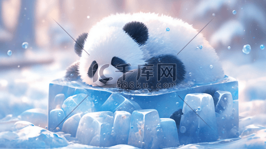 可爱的熊猫趴在冰堆中解暑