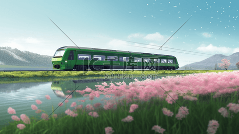 夏季穿越花海的绿皮火车插画1