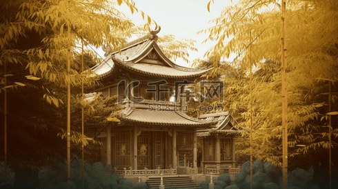 橙色竹林中的中国古建筑风景插画18