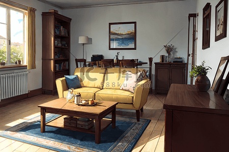 木地板插画图片_充满阳光温馨的客厅