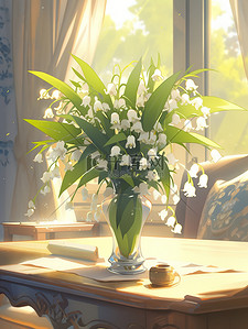 白色的花瓶插画图片_茶几花瓶里的铃兰花白色清新插花12