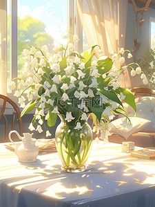 白色的花瓶插画图片_茶几花瓶里的铃兰花白色清新插花14