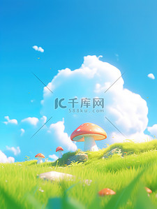 伞插画图片_草原蓝天白云阳光巨大的蘑菇19