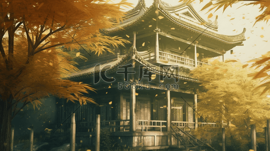 中国风竹插画图片_橙色竹林中的中国古建筑风景插画11