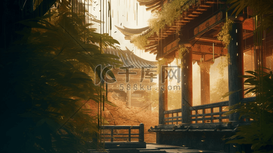 橙色竹林中的中国古建筑风景插画16
