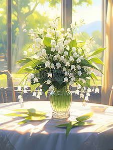 白色的花瓶插画图片_茶几花瓶里的铃兰花白色清新插花19