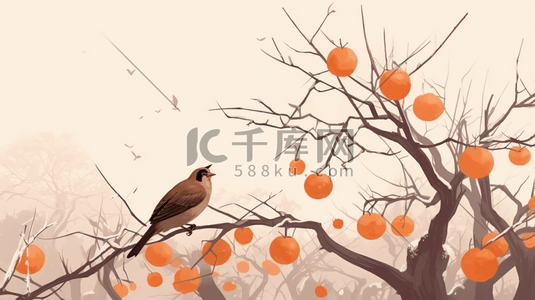 灰色秋季柿子树上站着的鸟插画4