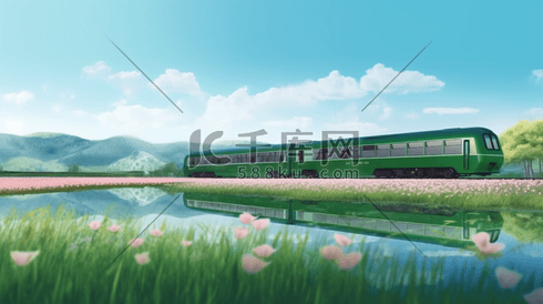 夏季穿越花海的绿皮火车插画3