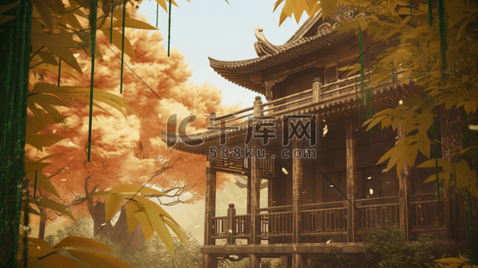 橙色竹林中的中国古建筑风景插画2