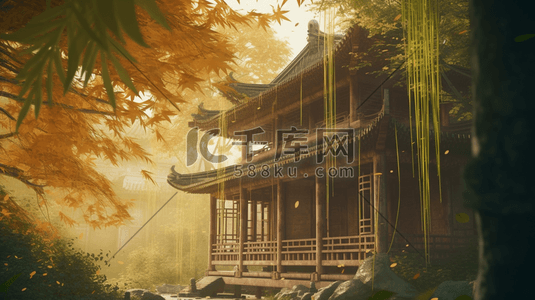 中国风竹插画图片_橙色竹林中的中国古建筑风景插画20