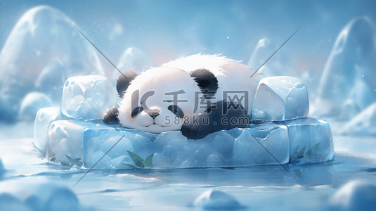 趴在心上插画图片_可爱的熊猫趴在冰堆中解暑