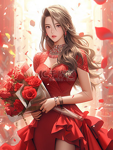 美丽的女人穿着深红色的裙子14